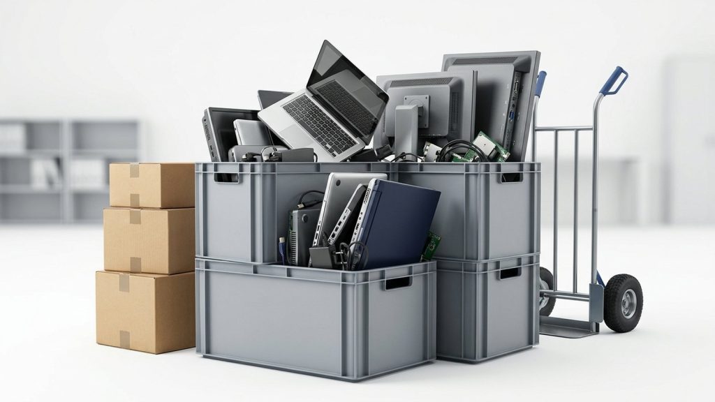 Crates and boxes of office IT equipment stacked with a sack trolley, staged for collection
