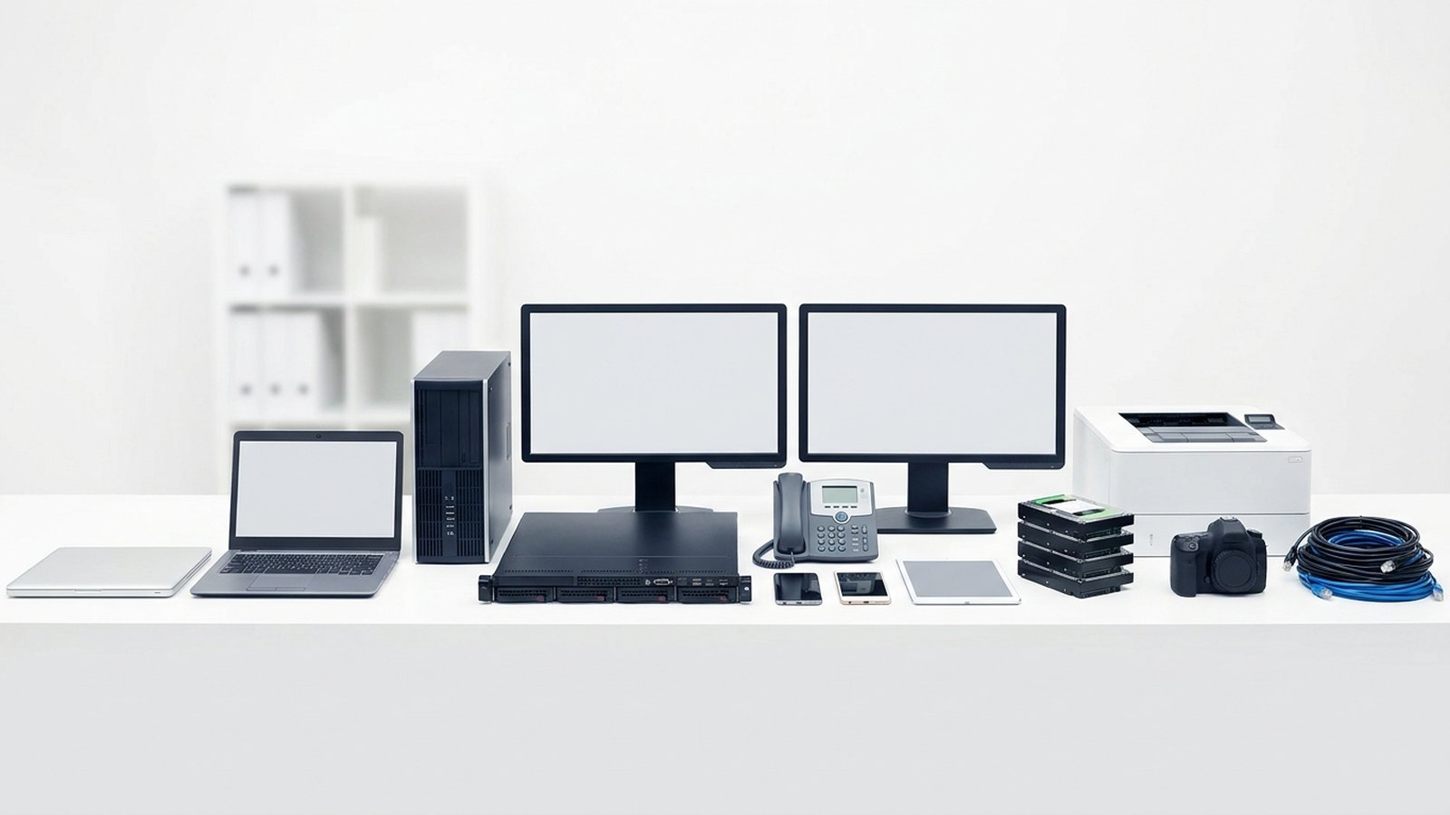 The range of business IT we collect: laptops, desktop tower, server, monitors, desk phone, mobiles, tablet, hard drives, printer, camera and cables